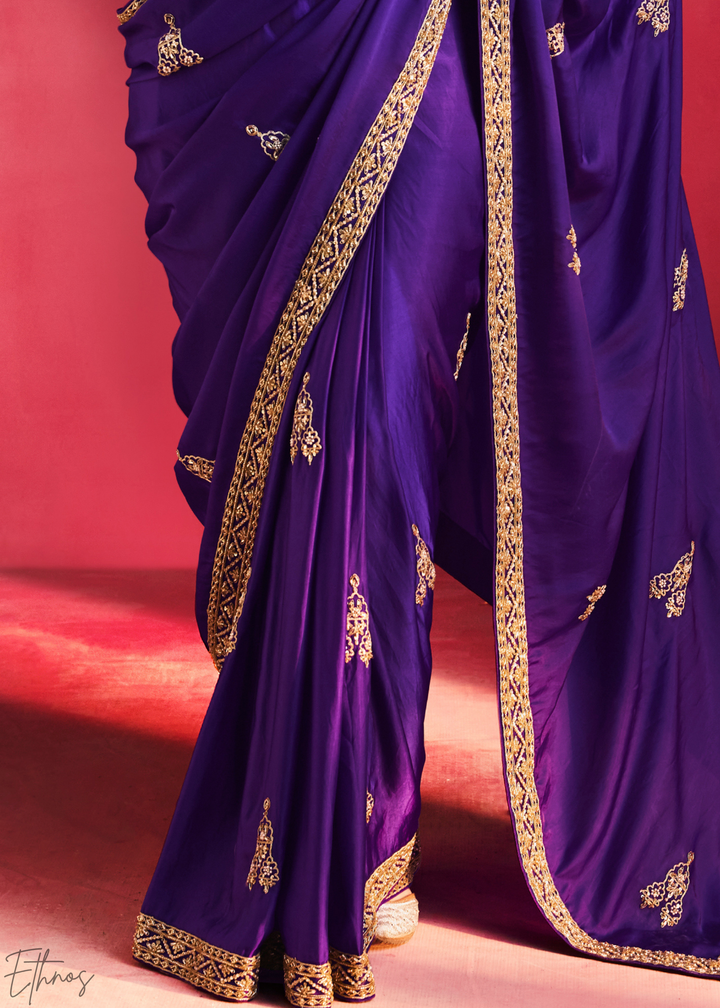 Royal Indigo Paisley Trim Border Soft Silk Saree