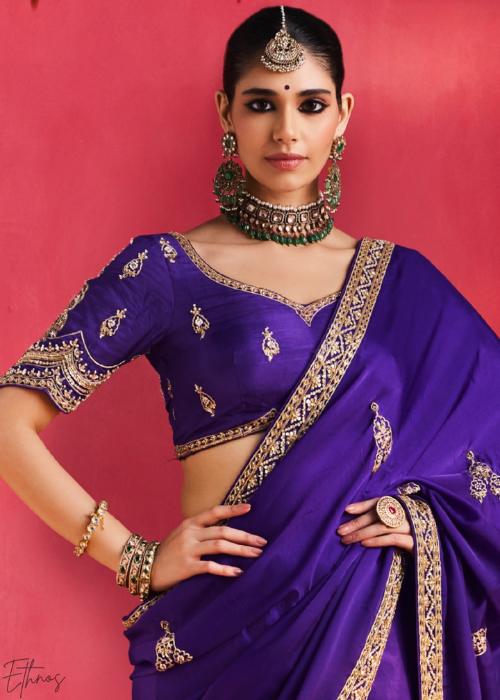 Royal Indigo Paisley Trim Border Soft Silk Saree