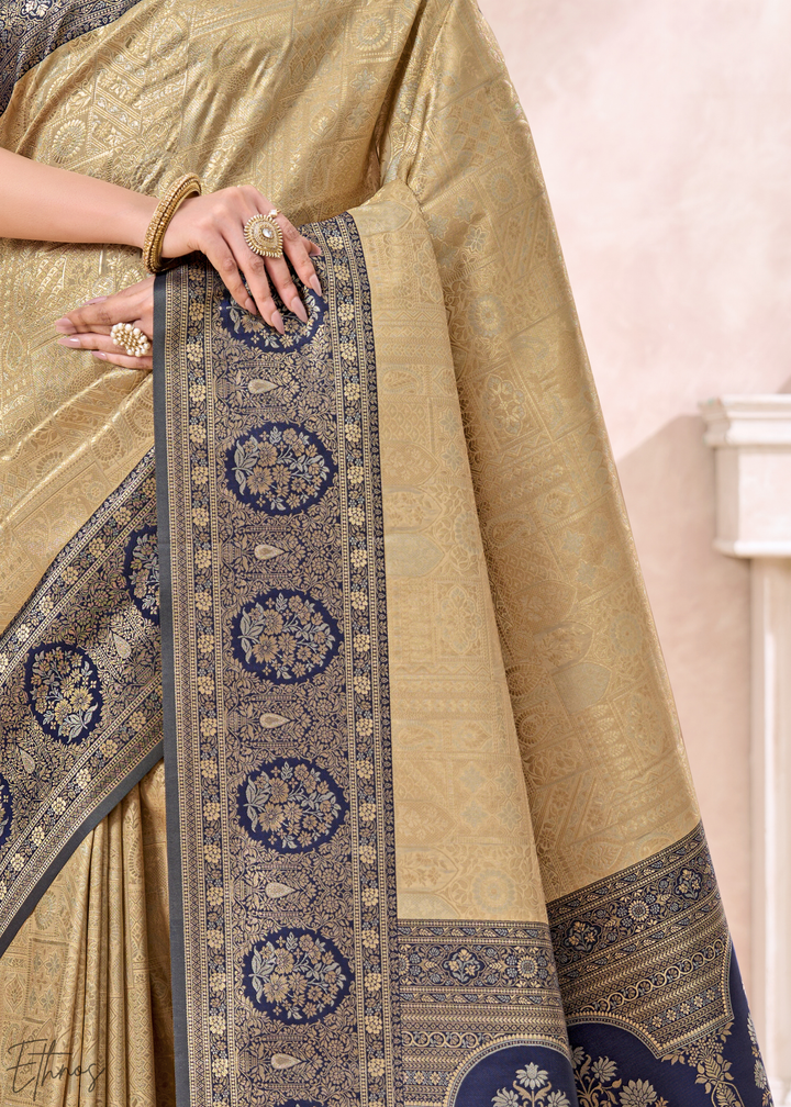 Royal Navy Blue Botanical Panel Woven Silk Saree