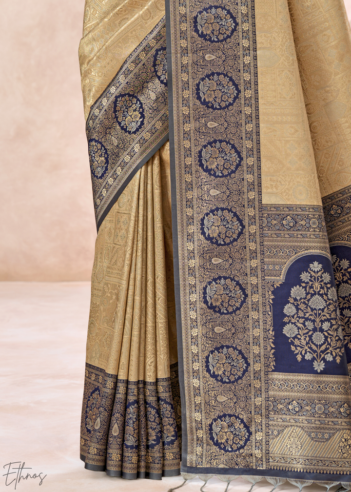 Royal Navy Blue Botanical Panel Woven Silk Saree