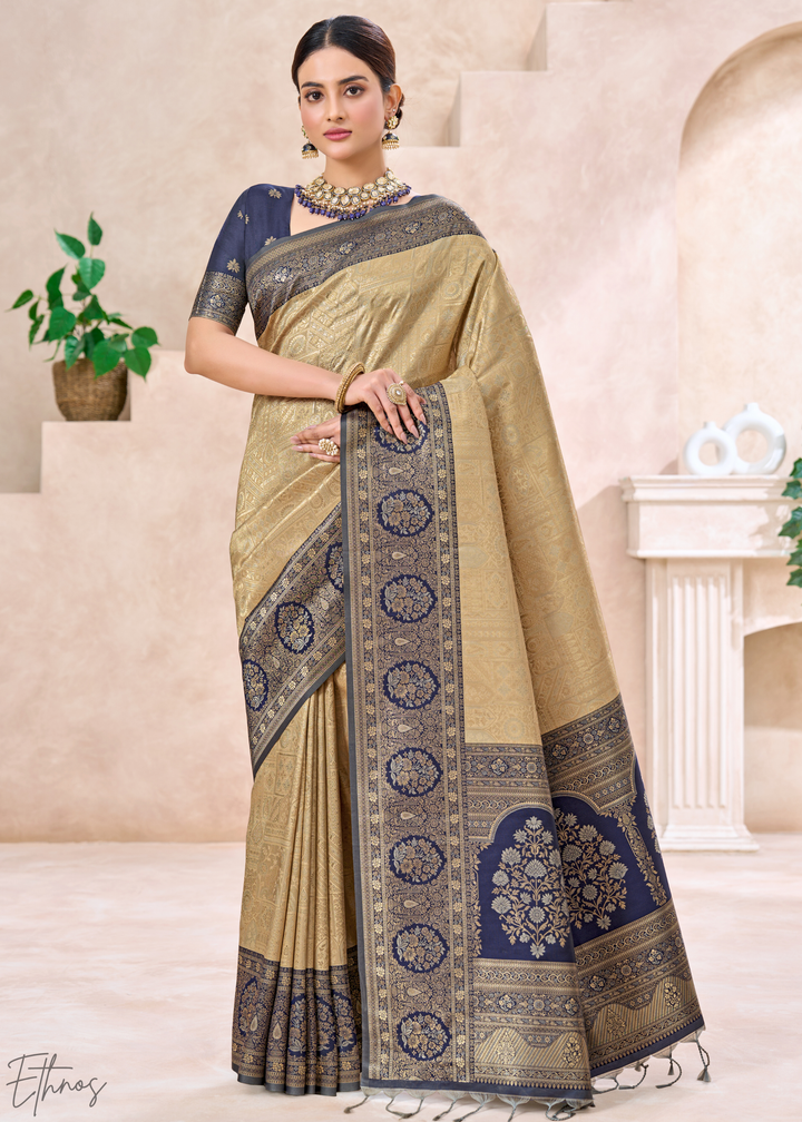 Royal Navy Blue Botanical Panel Woven Silk Saree