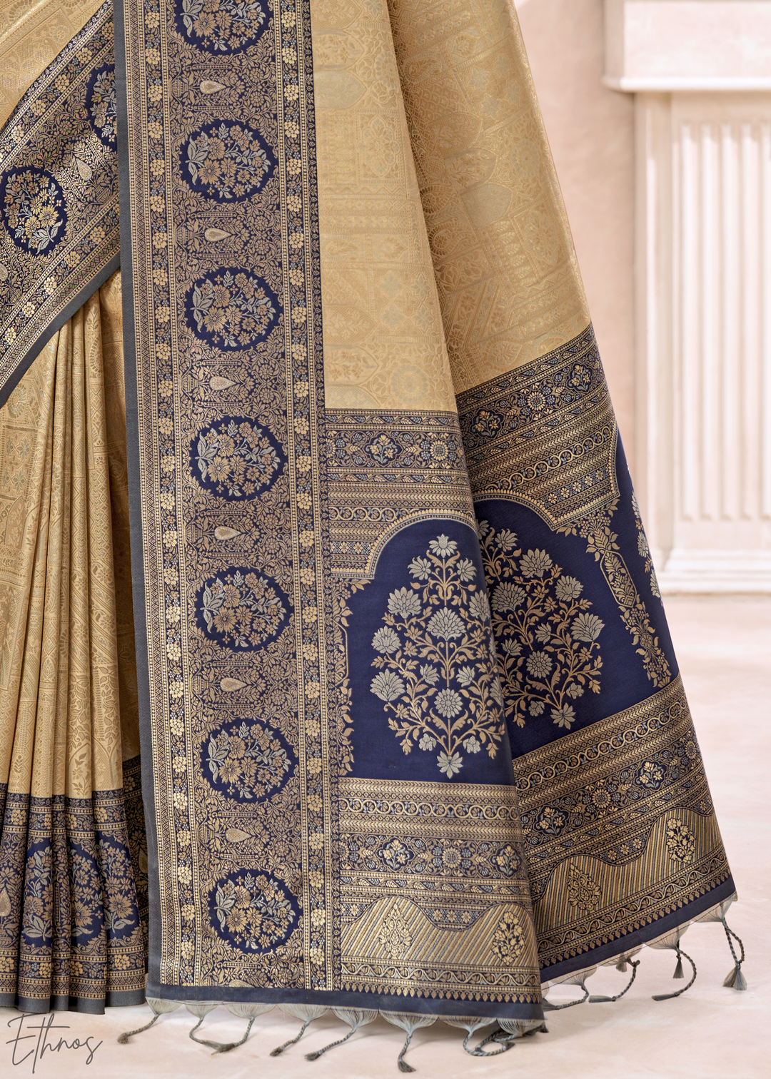 Royal Navy Blue Botanical Panel Woven Silk Saree