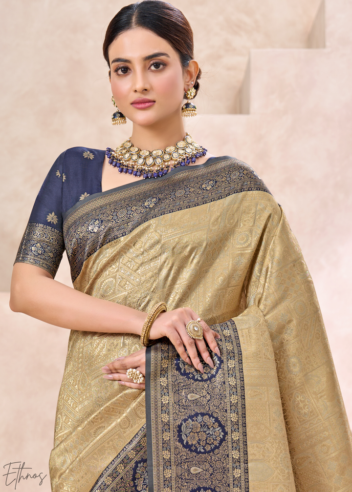 Royal Navy Blue Botanical Panel Woven Silk Saree