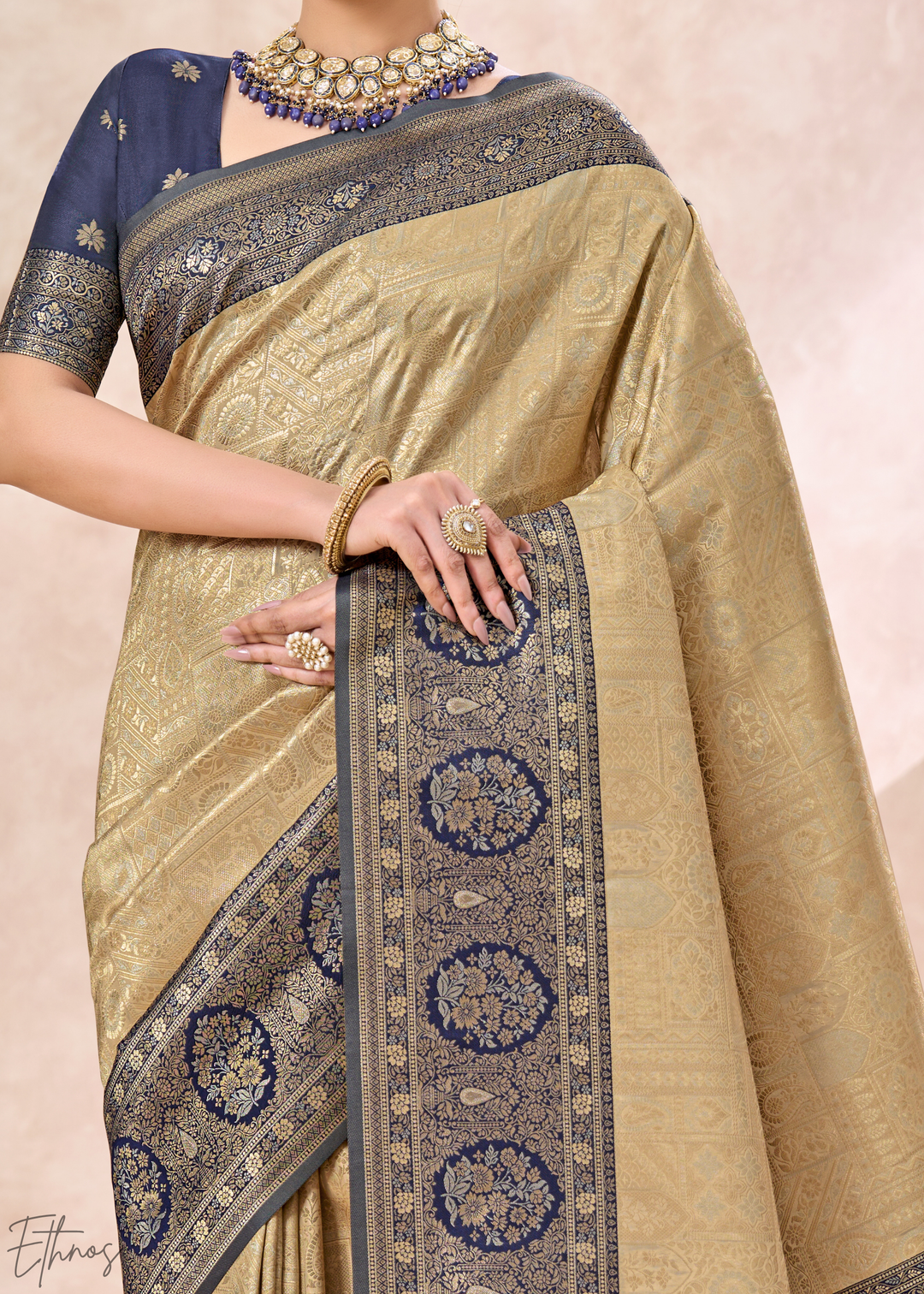 Royal Navy Blue Botanical Panel Woven Silk Saree