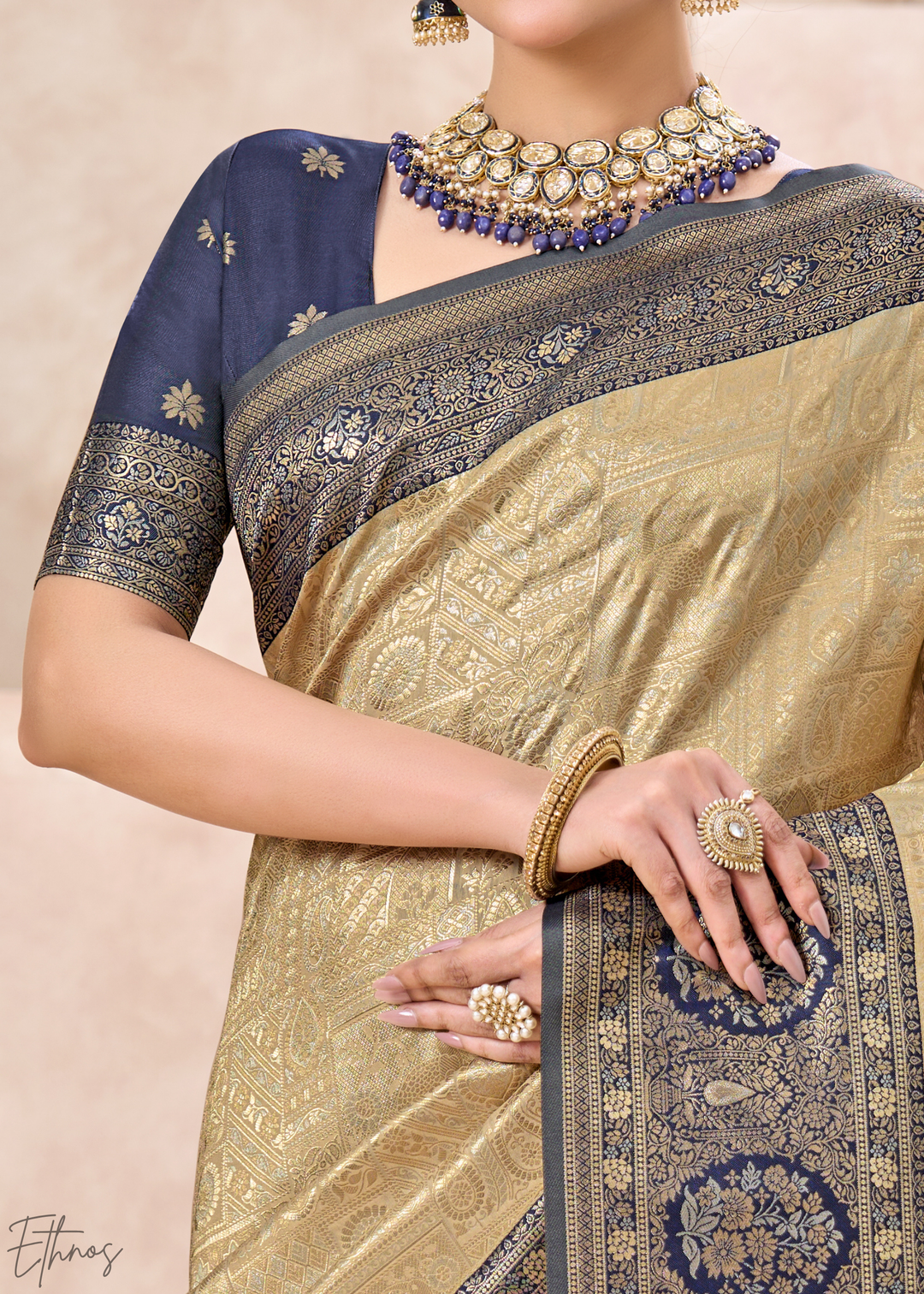 Royal Navy Blue Botanical Panel Woven Silk Saree