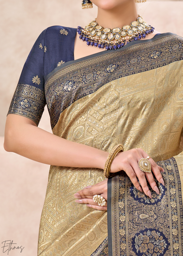 Royal Navy Blue Botanical Panel Woven Silk Saree