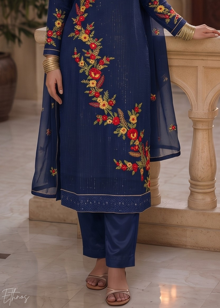 Royal Navy Blue Floral Embroidered Georgette Suit