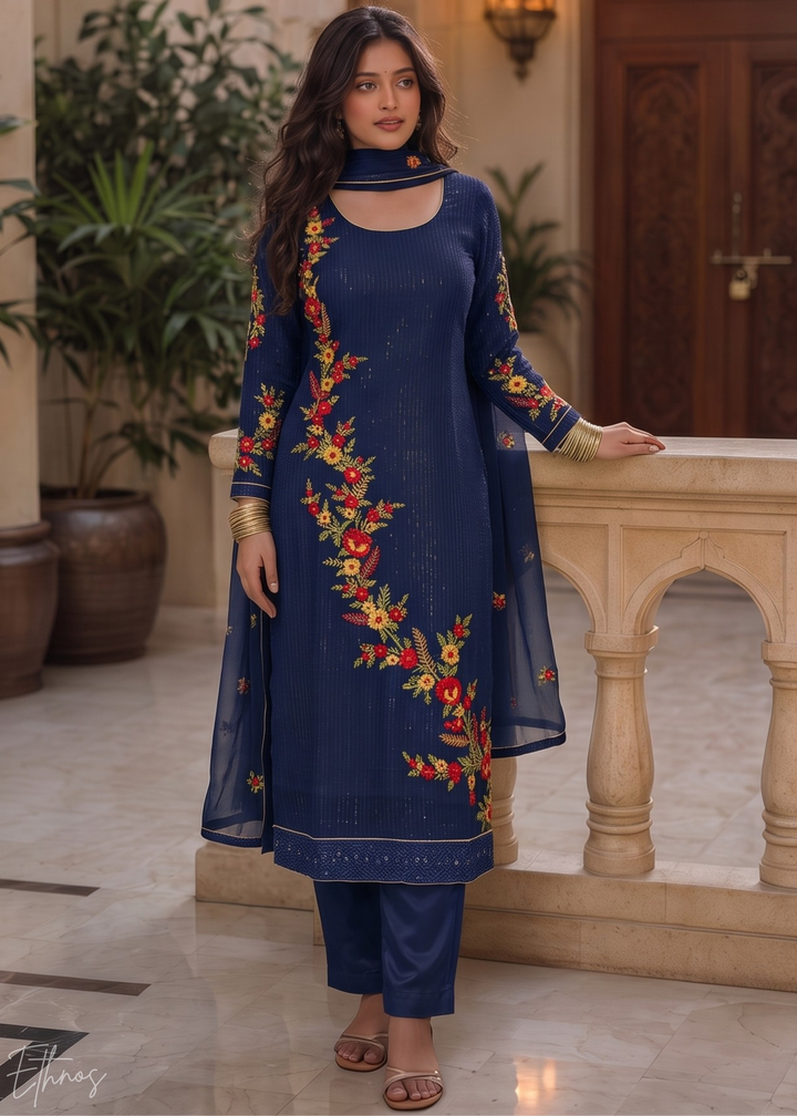 Royal Navy Blue Floral Embroidered Georgette Suit