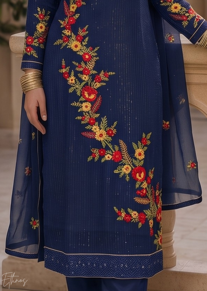 Royal Navy Blue Floral Embroidered Georgette Suit