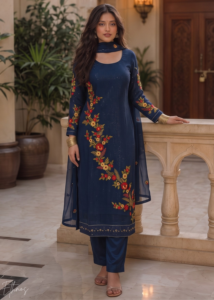 Royal Navy Blue Floral Embroidered Georgette Suit