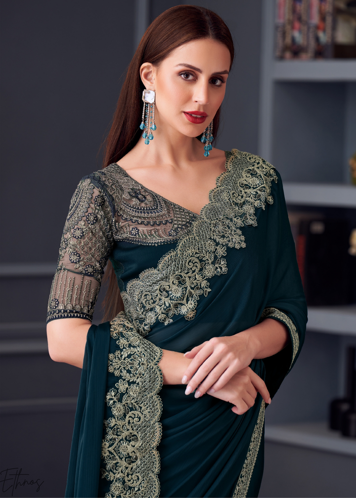Royal Navy Blue Heavy Border Embroidered Opium Silk Chiffon Saree