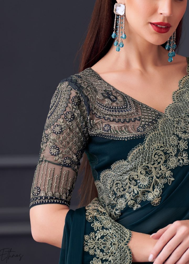 Royal Navy Blue Heavy Border Embroidered Opium Silk Chiffon Saree