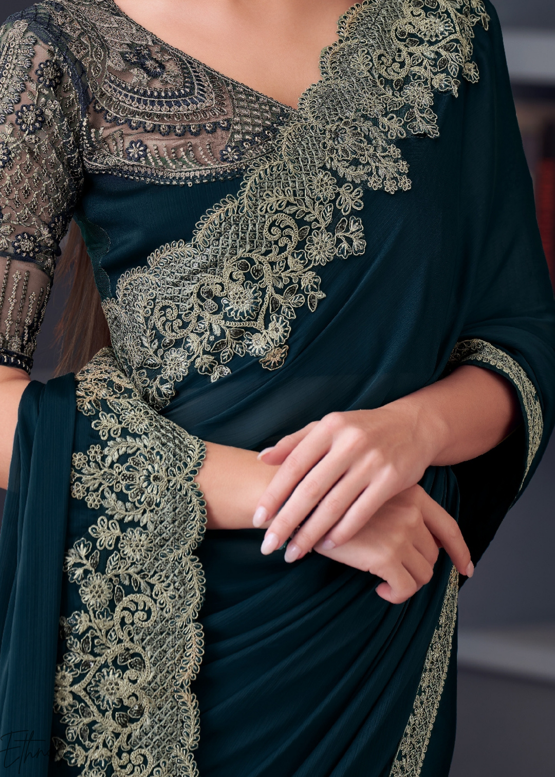 Royal Navy Blue Heavy Border Embroidered Opium Silk Chiffon Saree