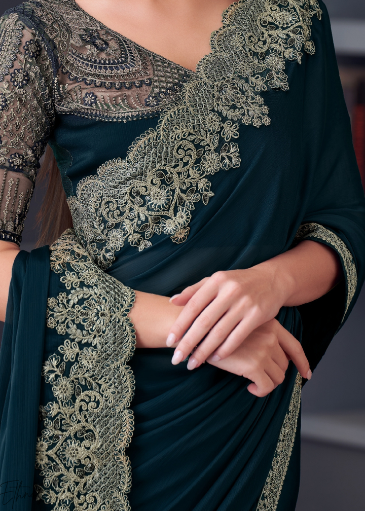 Royal Navy Blue Heavy Border Embroidered Opium Silk Chiffon Saree
