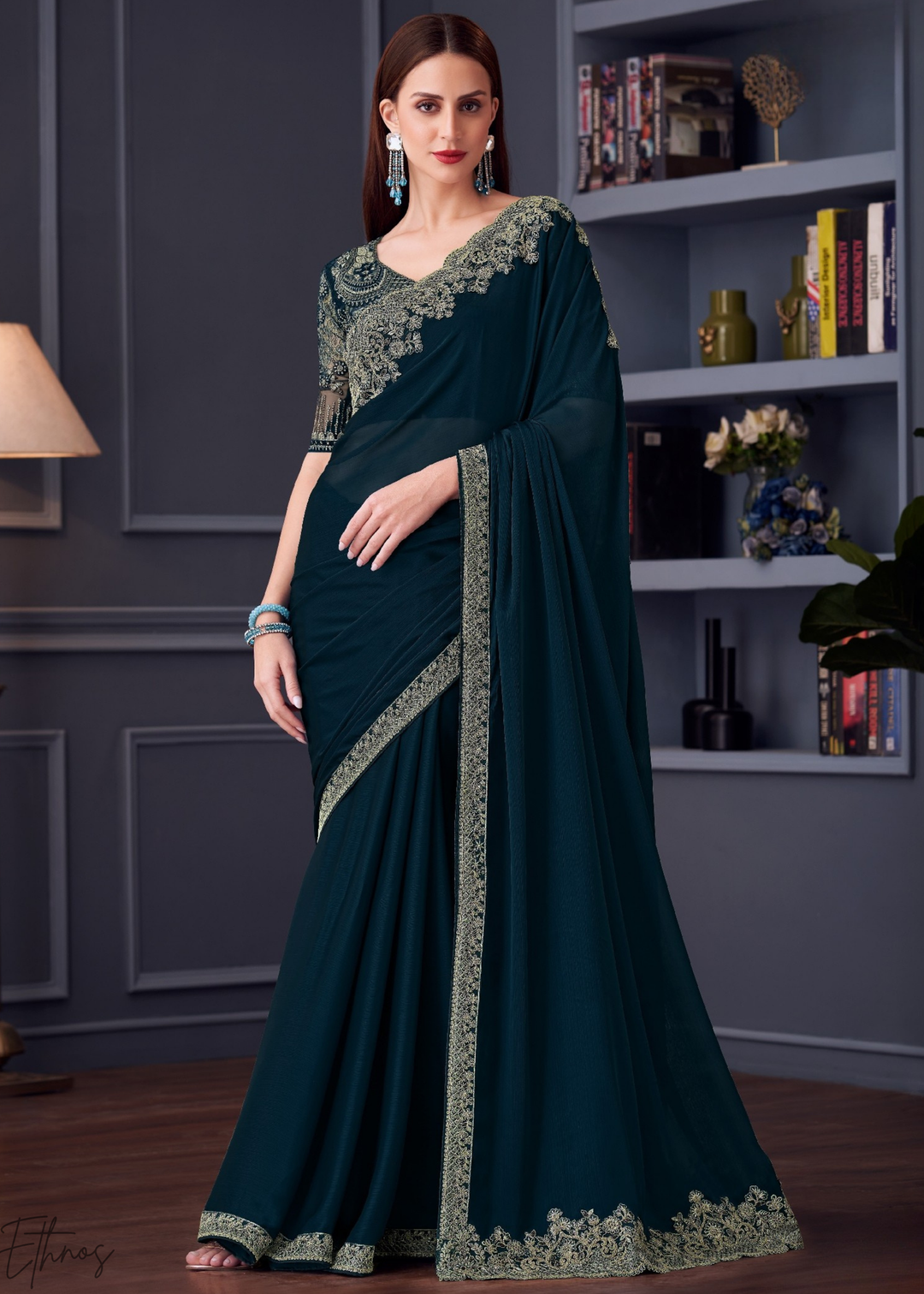 Royal Navy Blue Heavy Border Embroidered Opium Silk Chiffon Saree