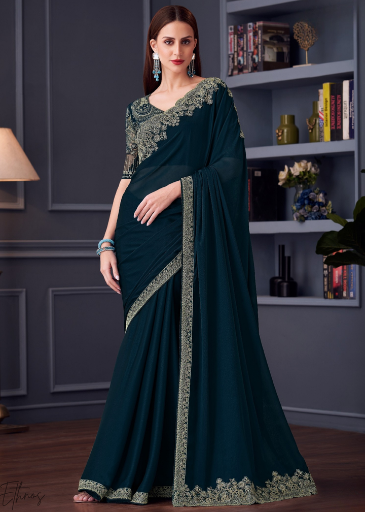 Royal Navy Blue Heavy Border Embroidered Opium Silk Chiffon Saree