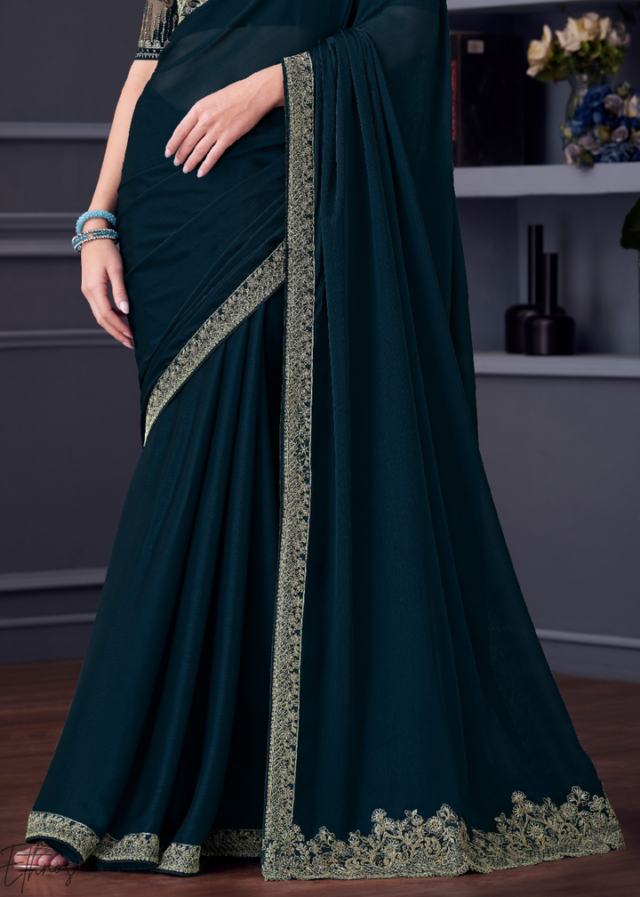 Royal Navy Blue Heavy Border Embroidered Opium Silk Chiffon Saree
