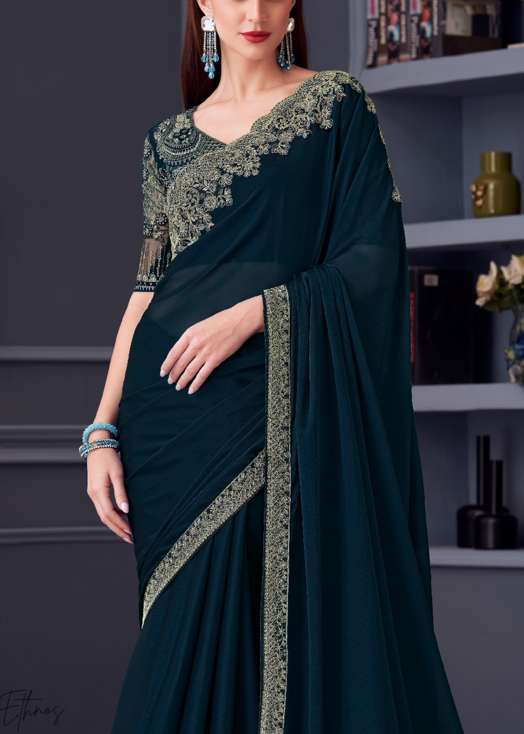 Royal Navy Blue Heavy Border Embroidered Opium Silk Chiffon Saree