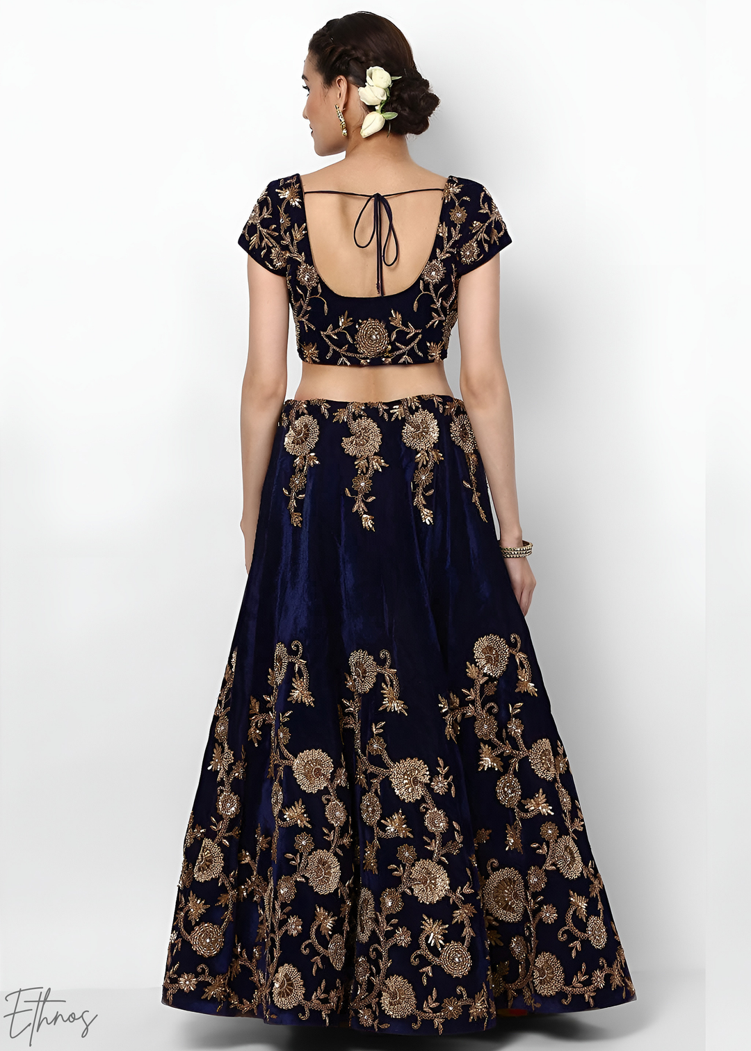 Royal Navy Blue Heavy Floral Embroidered Velvet Lehenga