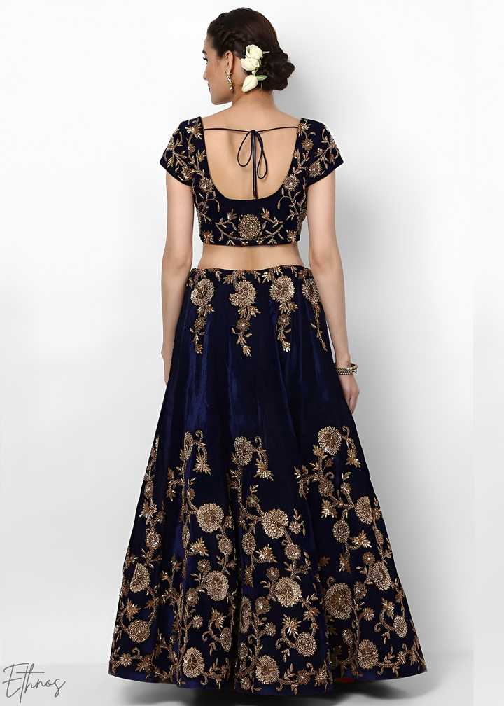 Royal Navy Blue Heavy Floral Embroidered Velvet Lehenga