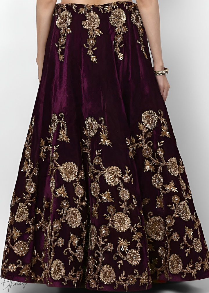 Dark Wine Heavy Floral Embroidered Velvet Lehenga