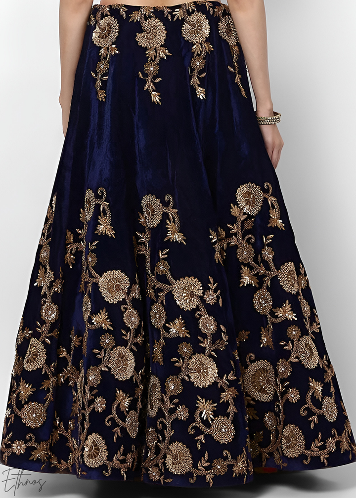 Royal Navy Blue Heavy Floral Embroidered Velvet Lehenga