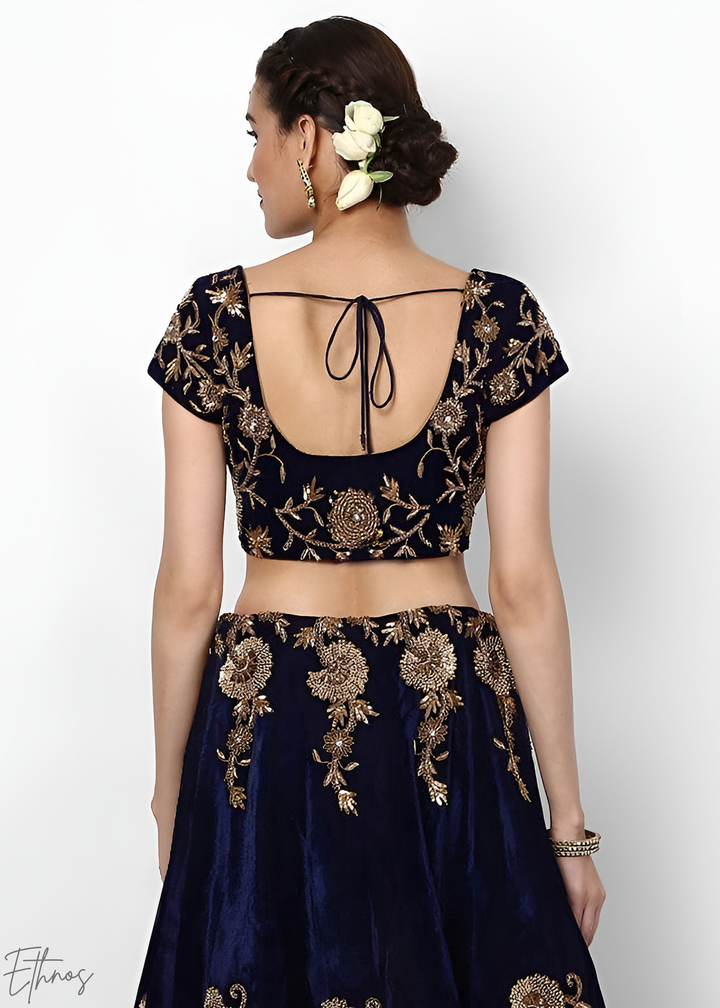 Royal Navy Blue Heavy Floral Embroidered Velvet Lehenga