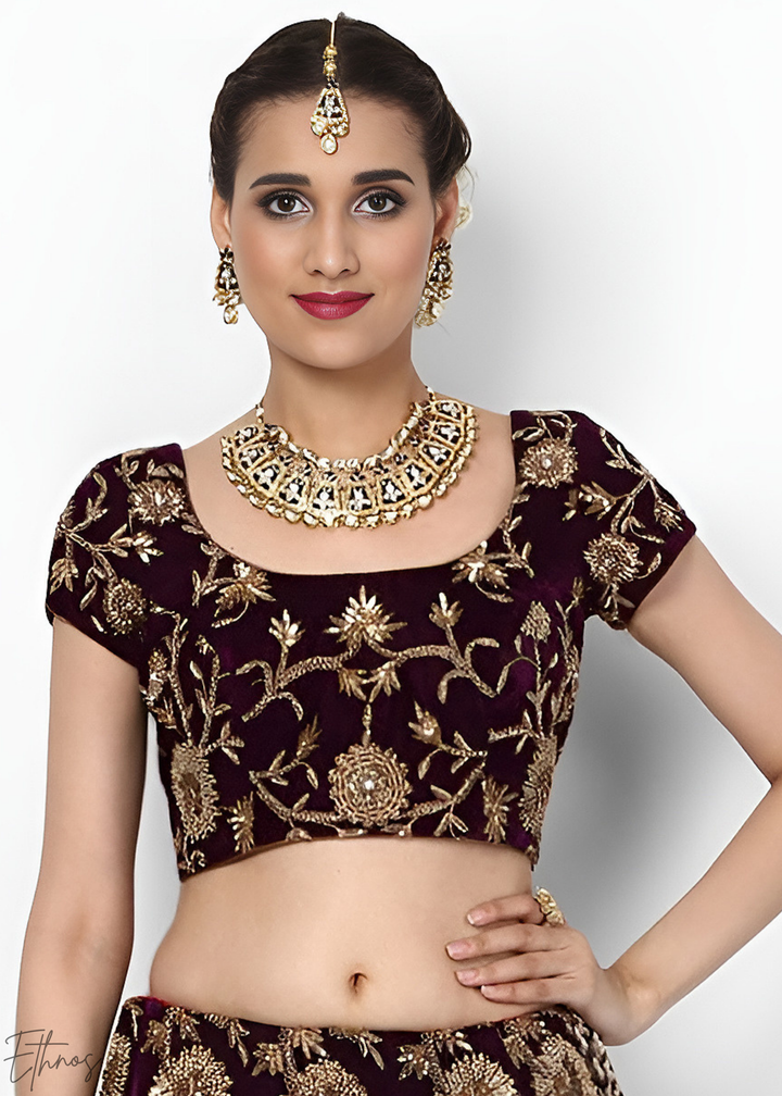 Dark Wine Heavy Floral Embroidered Velvet Lehenga
