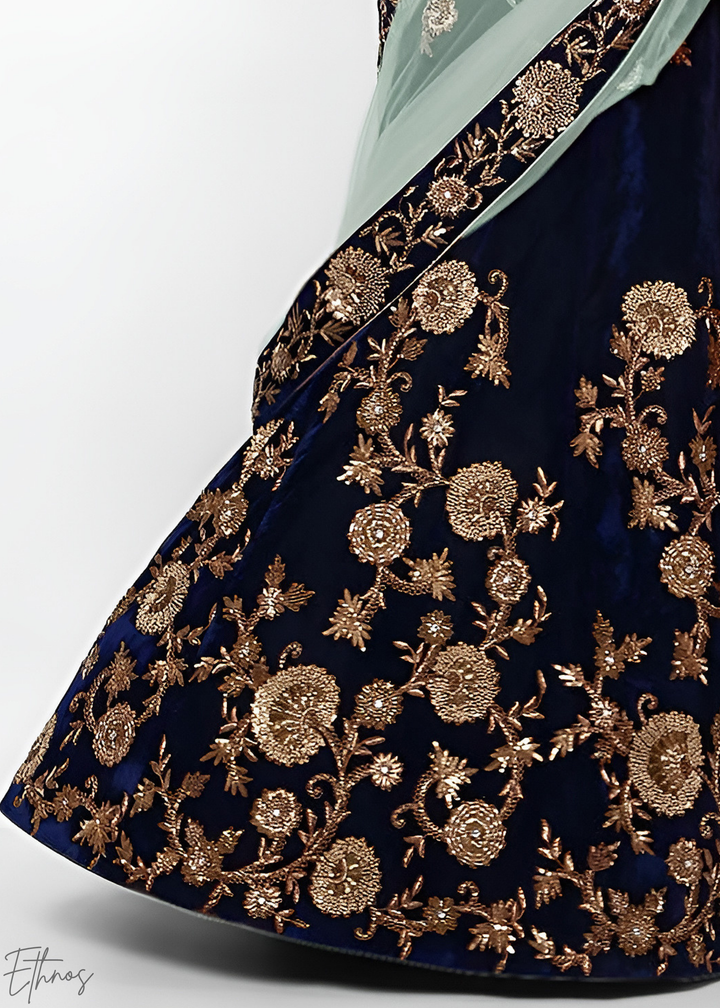 Royal Navy Blue Heavy Floral Embroidered Velvet Lehenga