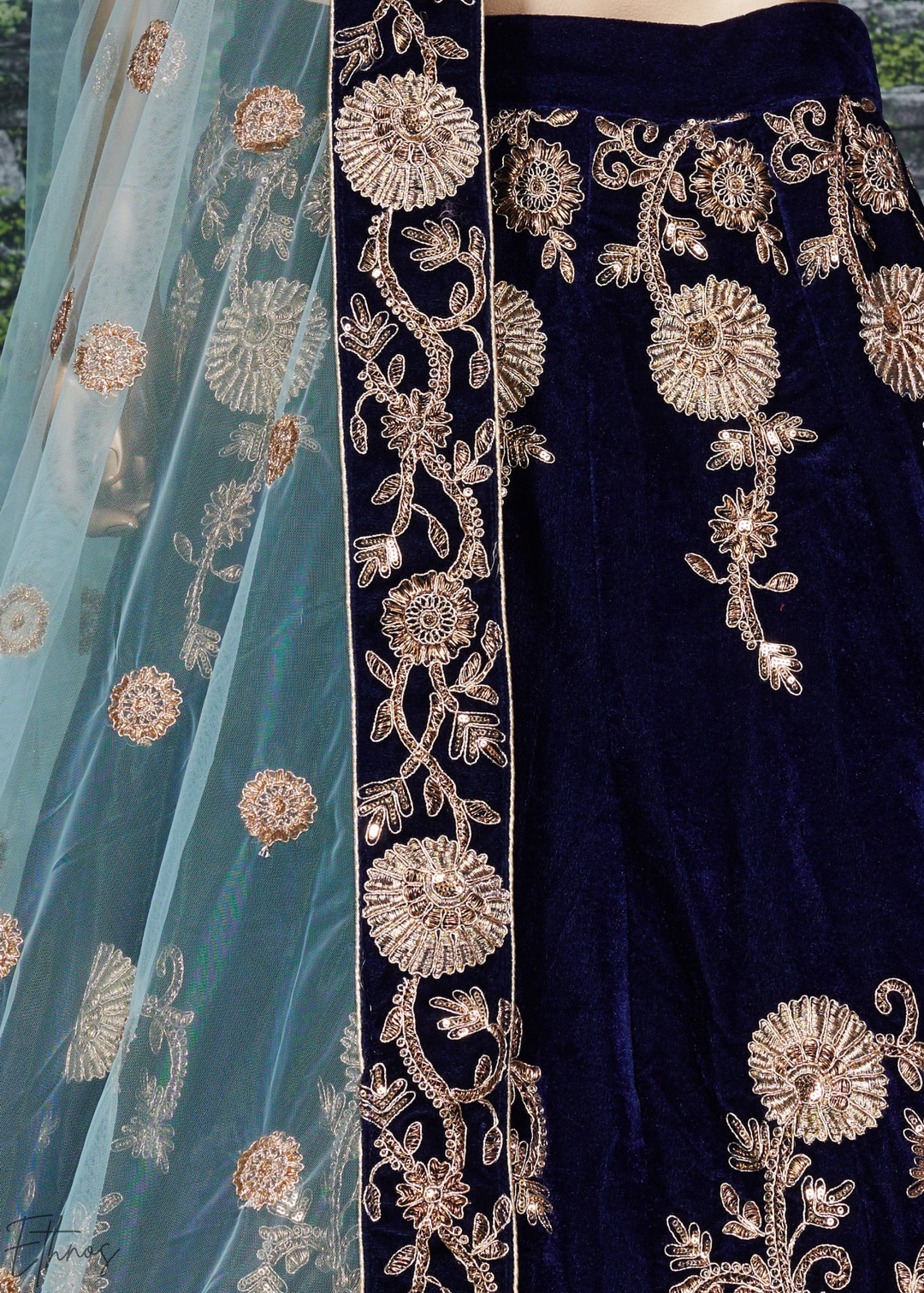 Royal Navy Blue Heavy Floral Embroidered Velvet Lehenga