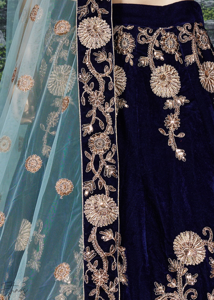 Royal Navy Blue Heavy Floral Embroidered Velvet Lehenga