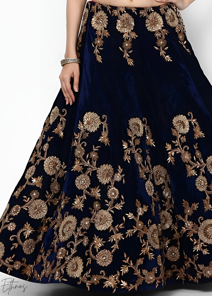 Royal Navy Blue Heavy Floral Embroidered Velvet Lehenga