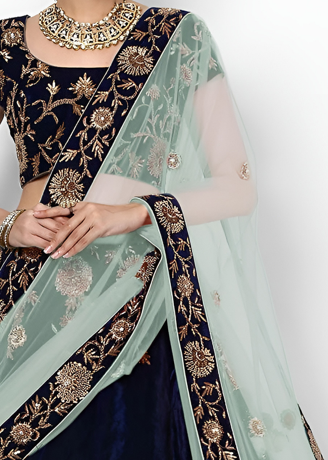Royal Navy Blue Heavy Floral Embroidered Velvet Lehenga