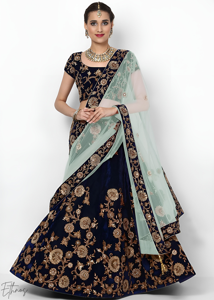 Royal Navy Blue Heavy Floral Embroidered Velvet Lehenga