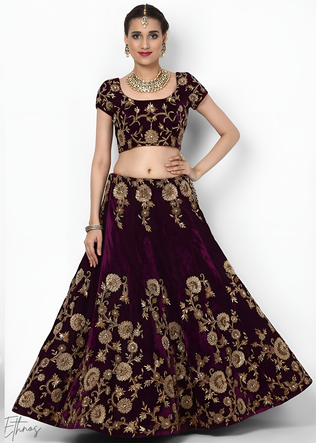 Dark Wine Heavy Floral Embroidered Velvet Lehenga