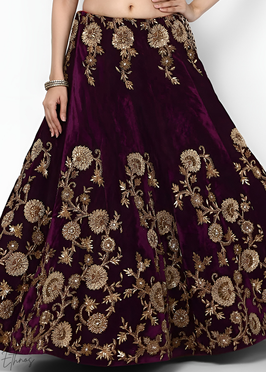 Dark Wine Heavy Floral Embroidered Velvet Lehenga