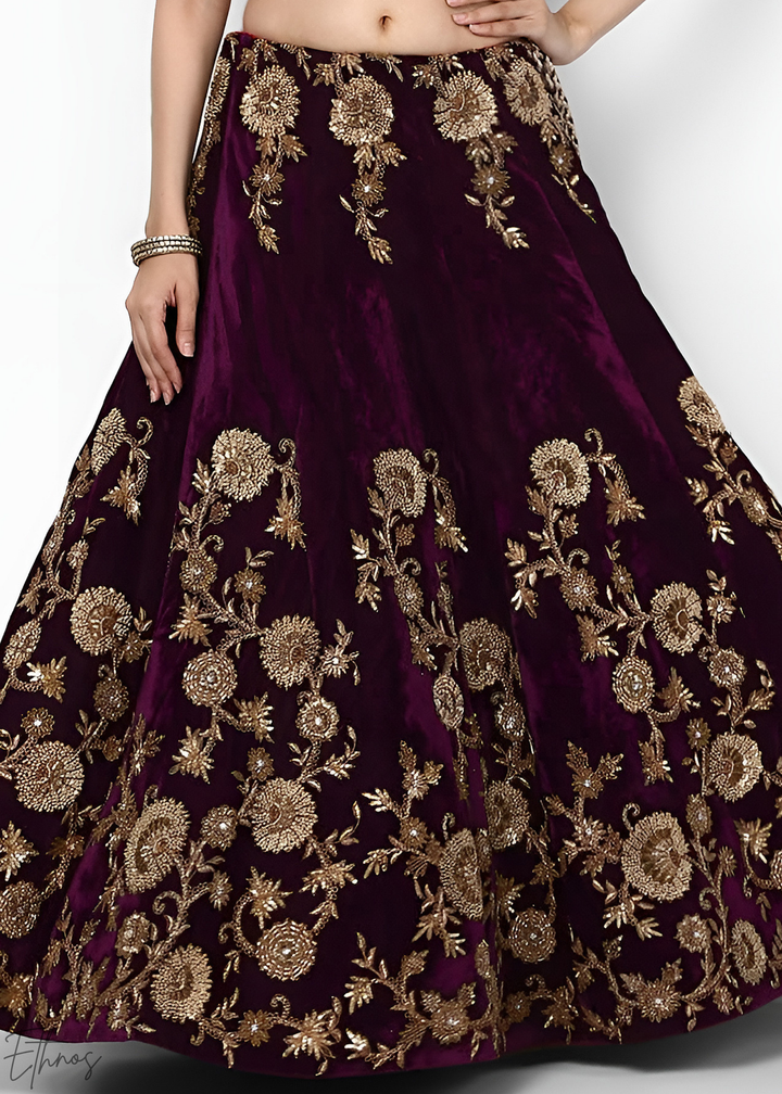 Dark Wine Heavy Floral Embroidered Velvet Lehenga
