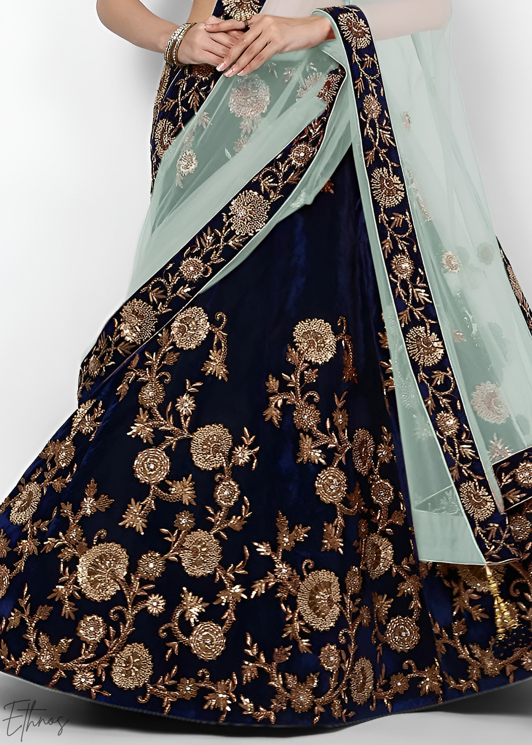 Royal Navy Blue Heavy Floral Embroidered Velvet Lehenga