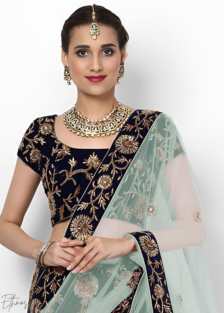 Royal Navy Blue Heavy Floral Embroidered Velvet Lehenga