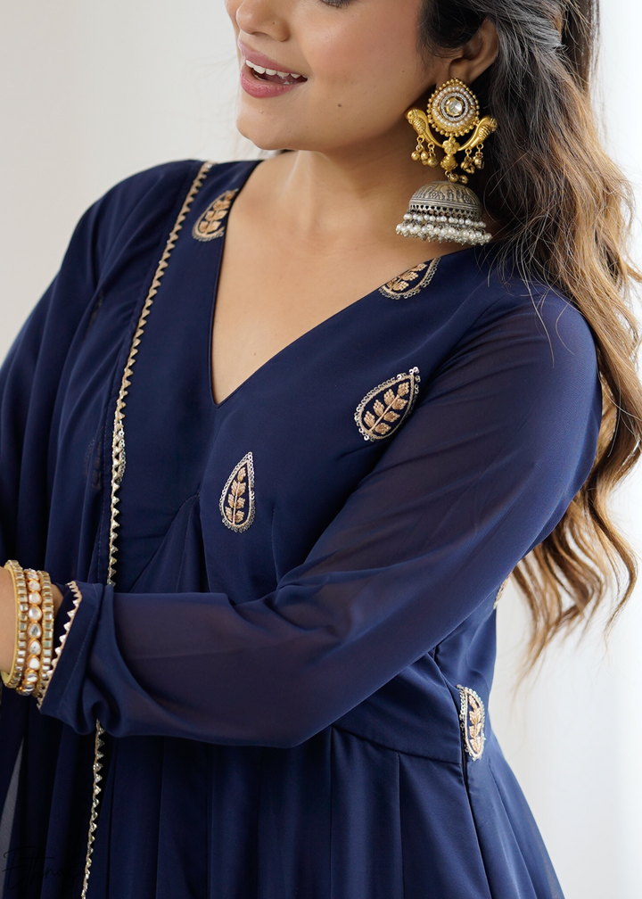 Royal Navy Blue Paisley Embroidered Georgette Anarkali Suit Set
