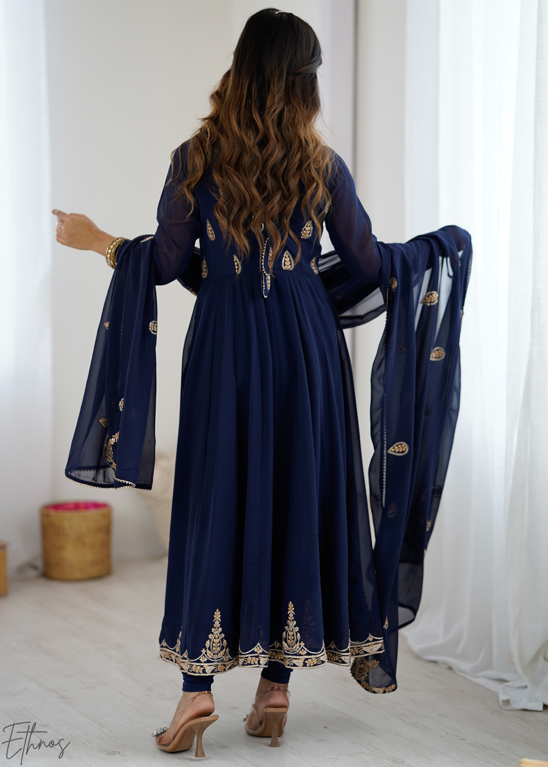 Royal Navy Blue Paisley Embroidered Georgette Anarkali Suit Set