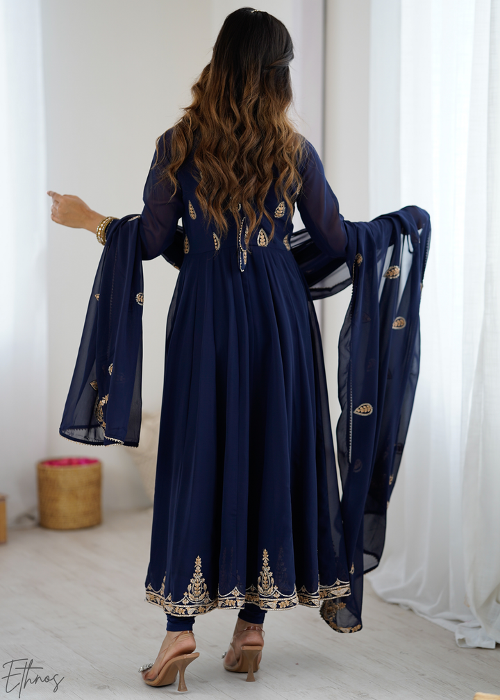 Royal Navy Blue Paisley Embroidered Georgette Anarkali Suit Set