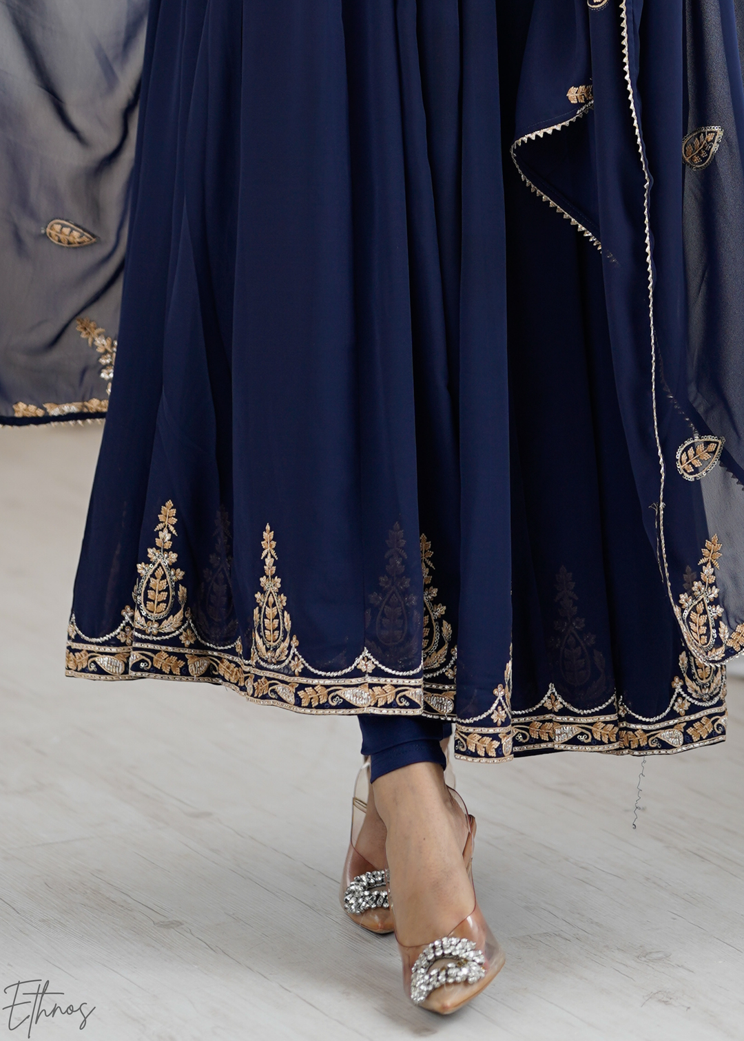 Royal Navy Blue Paisley Embroidered Georgette Anarkali Suit Set