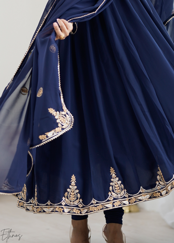 Royal Navy Blue Paisley Embroidered Georgette Anarkali Suit Set