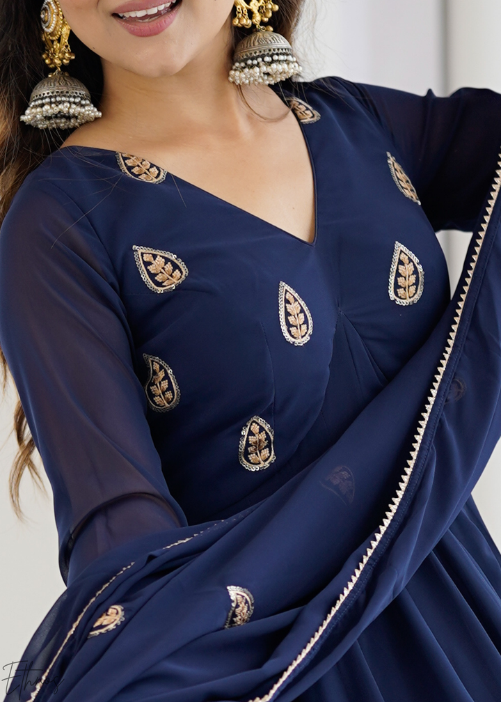 Royal Navy Blue Paisley Embroidered Georgette Anarkali Suit Set