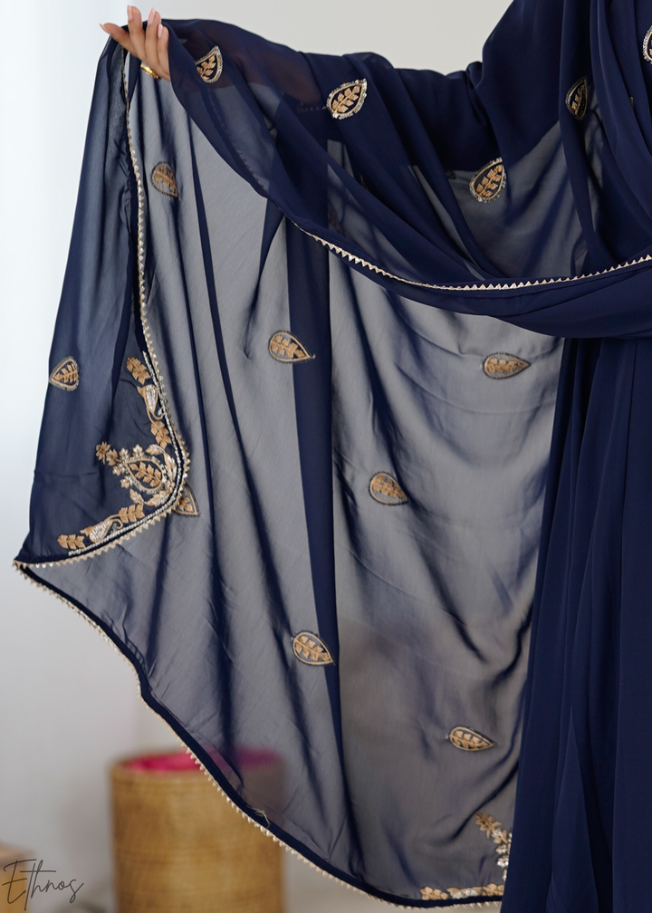 Royal Navy Blue Paisley Embroidered Georgette Anarkali Suit Set