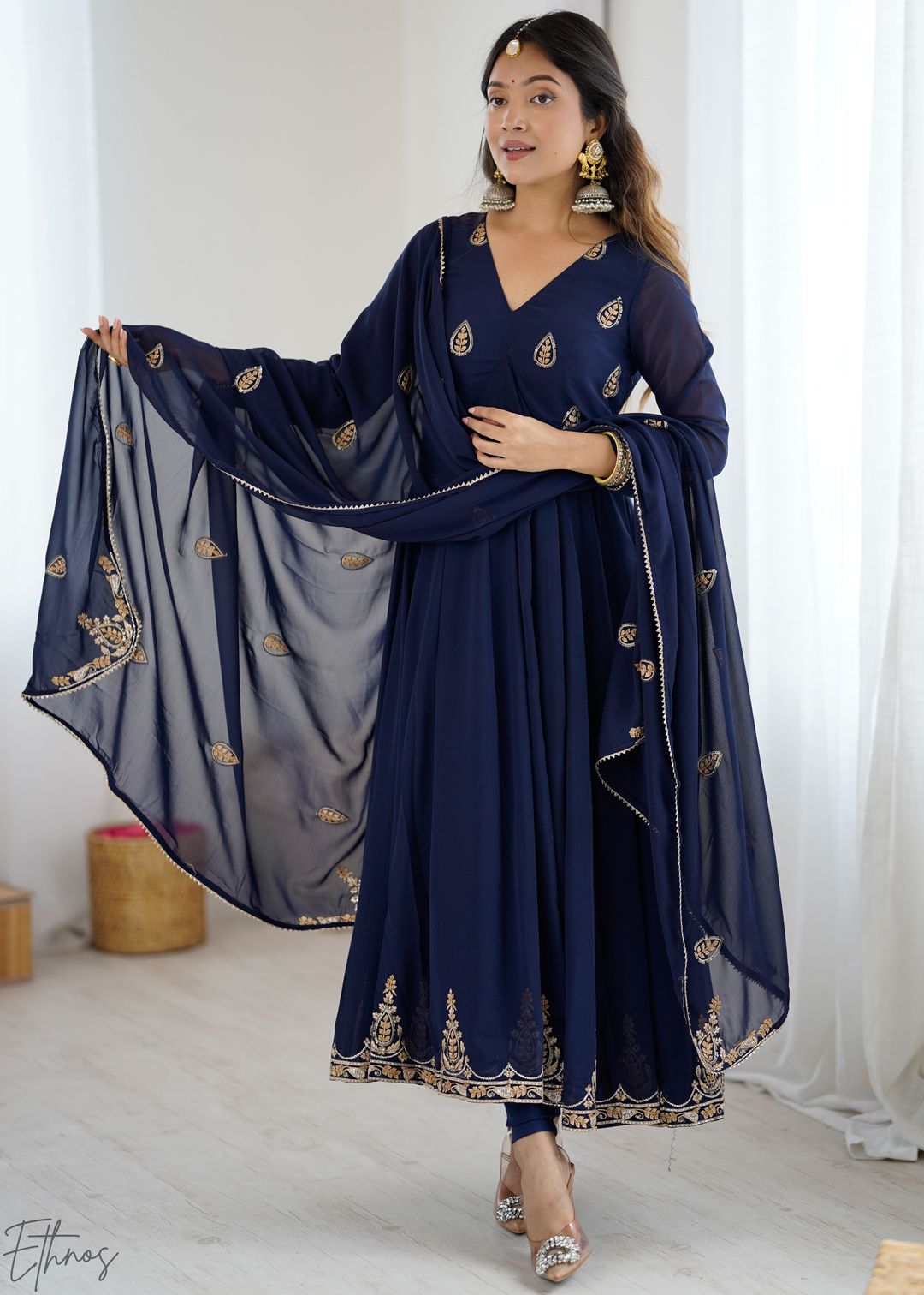 Royal Navy Blue Paisley Embroidered Georgette Anarkali Suit Set