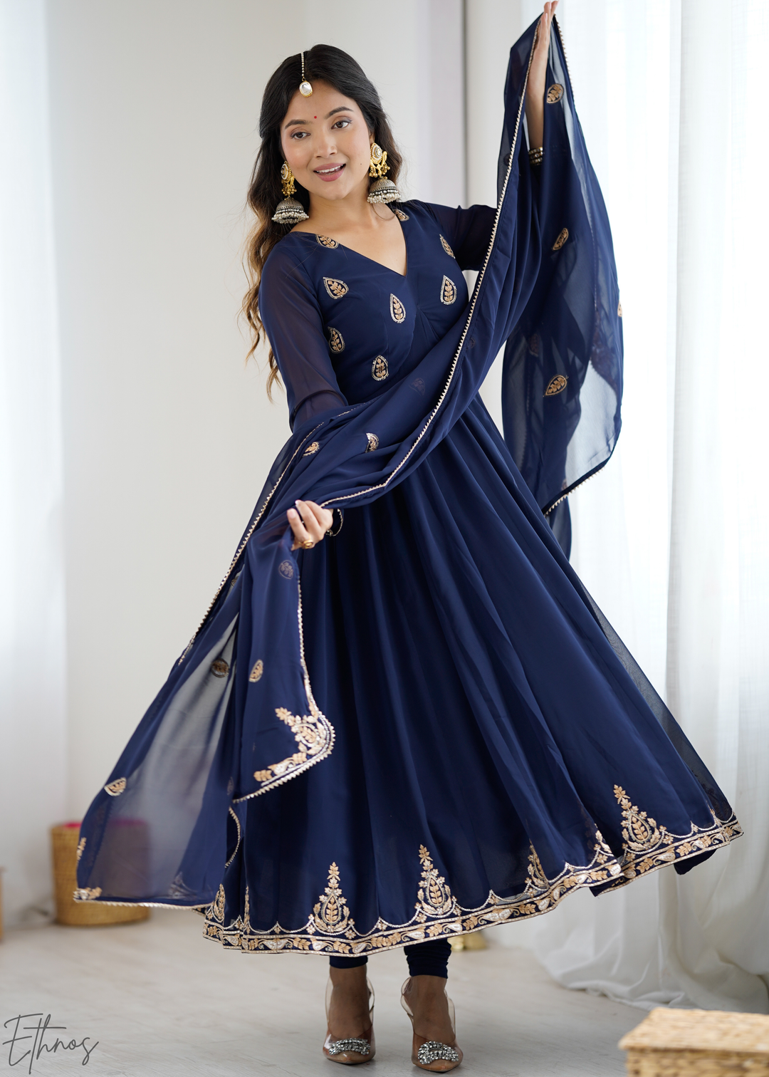 Royal Navy Blue Paisley Embroidered Georgette Anarkali Suit Set