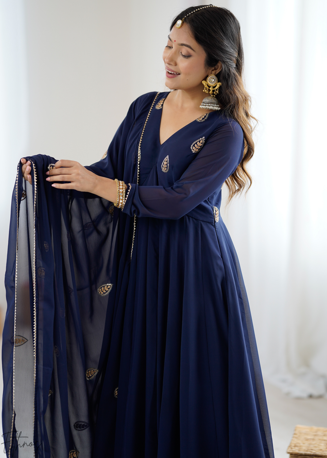 Royal Navy Blue Paisley Embroidered Georgette Anarkali Suit Set