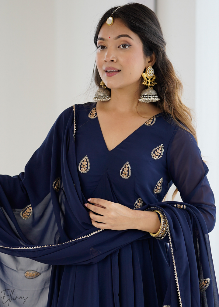 Royal Navy Blue Paisley Embroidered Georgette Anarkali Suit Set